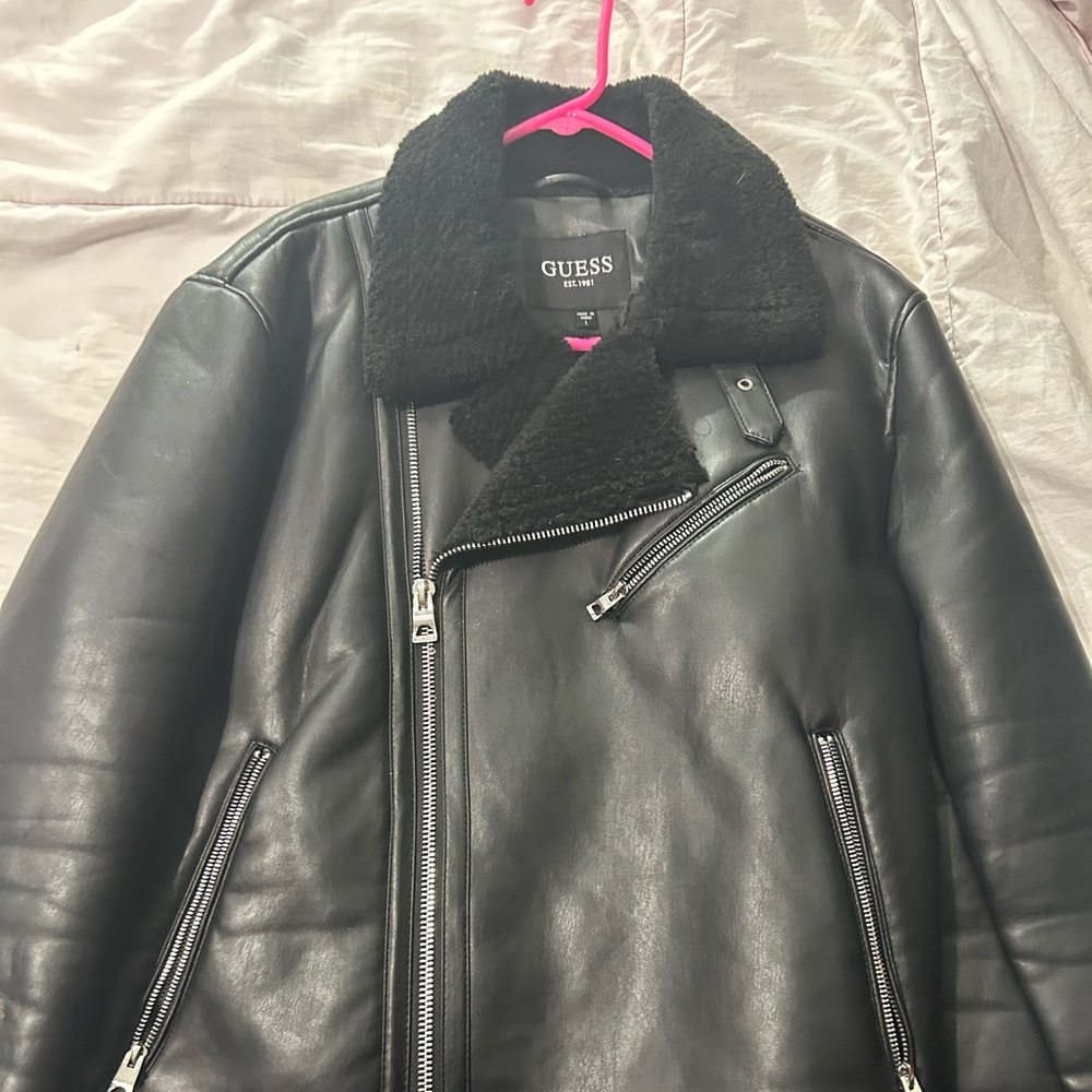 Men’s leather fur-lined, Moto jacket, size large brand new condition